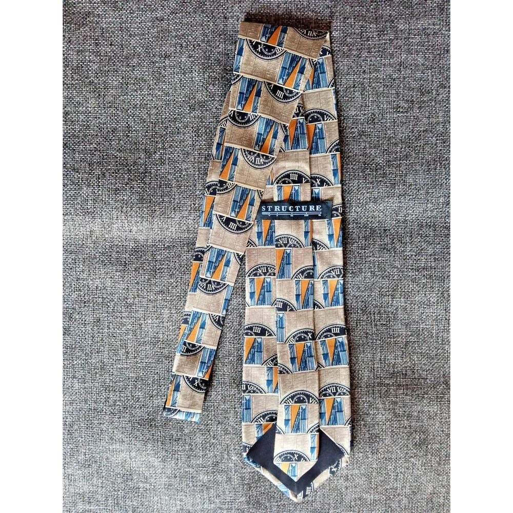 Tie 70s 80s 90s Y2K Mens Structure Silk Brown Blue Beige Tan 3.75 Wide 59 Long